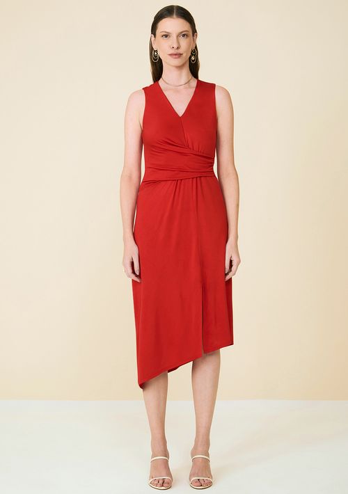 Vestido Maria.Valentina Ajustado Decote Transpassado Sem Manga Midi Vermelho