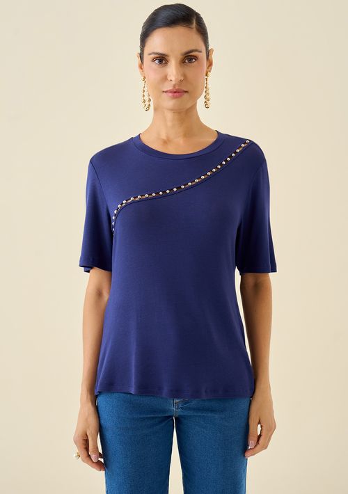 Blusa Maria.Valentina Decote Redondo Manga Curta Detalhe Bordado Azul Marinho
