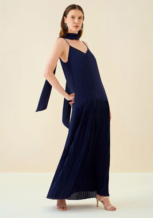 Vestido Maria.Valentina Solto Decote V Com Alça Longo Azul Escuro
