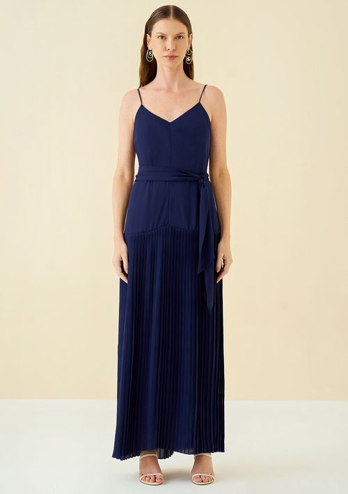 Vestido Maria.Valentina Solto Decote V Com Alça Longo Azul Escuro