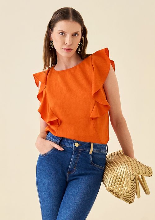 Blusa Maria.Valentina Ajustada Decote Canoa Sem Alça Padrão Laranja