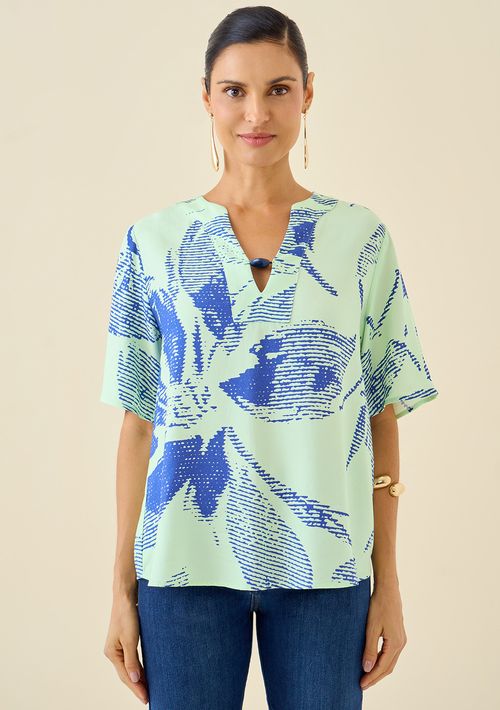 Blusa Maria.Valentina Solta Decote V Manga Curta Padrão Azul Marinho