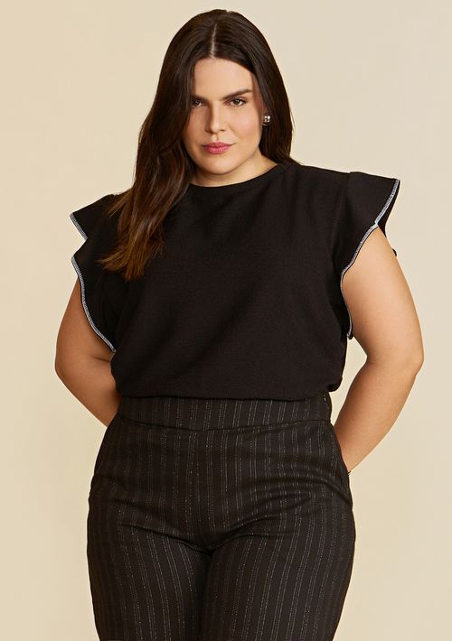 Blusa Solta Decote Careca Manga Curta Padrão Preto