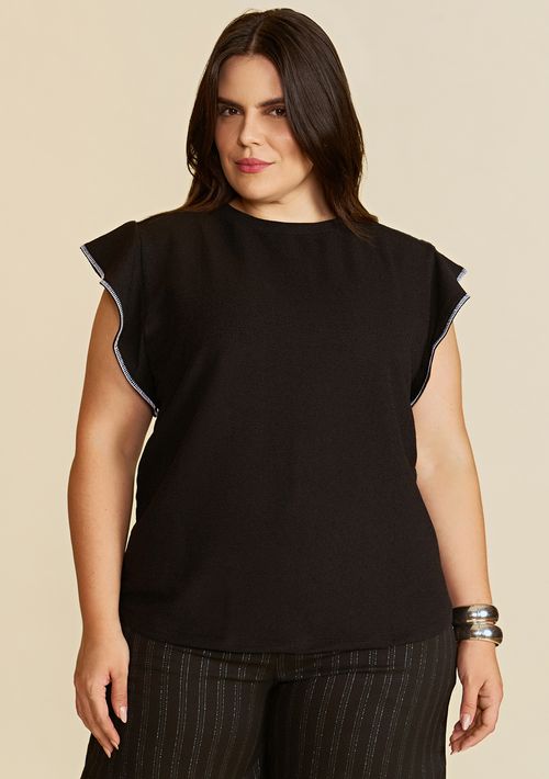 Blusa Solta Decote Careca Manga Curta Padrão Preto