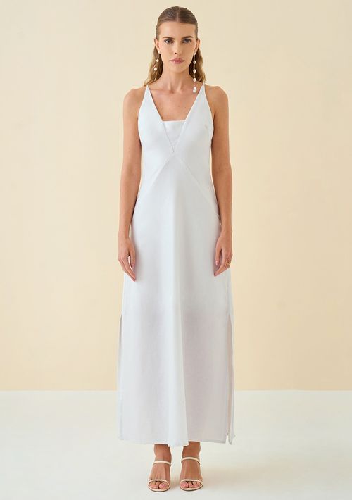 Vestido Maria.Valentina Ajustado Decote V Sem Manga Longo Off White