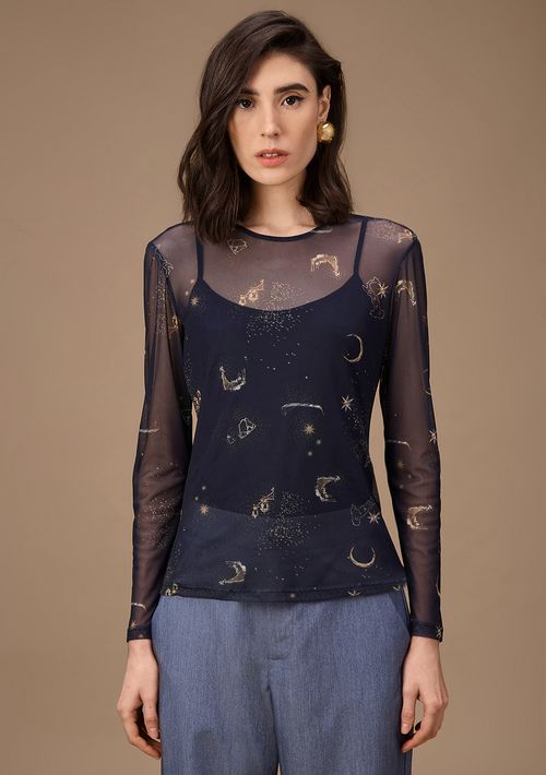 Blusa Maria.Valentina Ajustada Decote Careca Manga Longa Padrão Azul Escuro