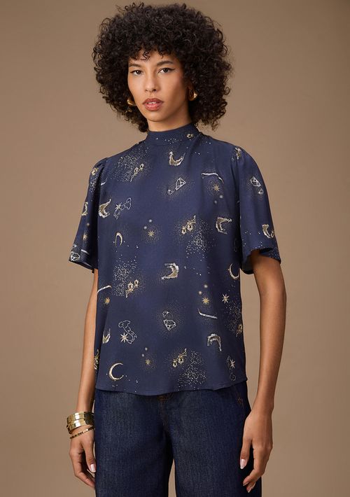 Blusa Maria.Valentina Solta Decote Careca Manga Curta Padrão Azul Escuro