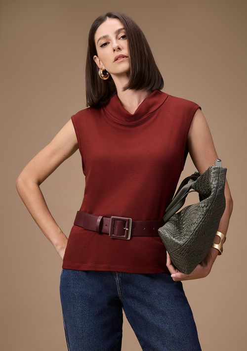 Blusa Maria.Valentina Solta Gola Alta Manga Curta Padrão Marrom
