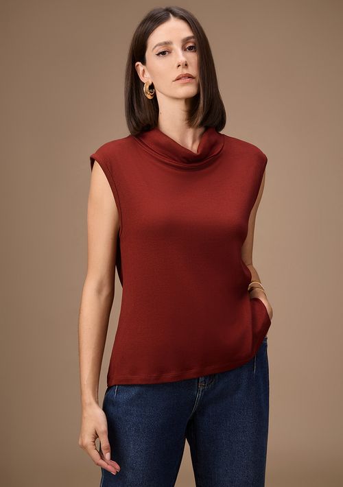 Blusa Maria.Valentina Solta Gola Alta Manga Curta Padrão Marrom