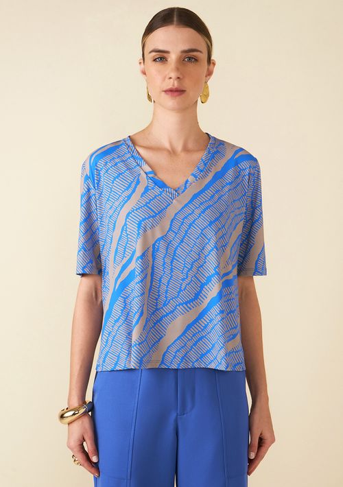 T-Shirt Maria.Valentina Decote V Básica Estampada Azul