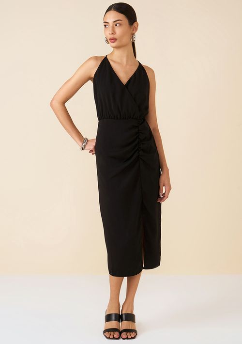 Vestido Maria.Valentina Midi Decote V Com Drapeado Preto