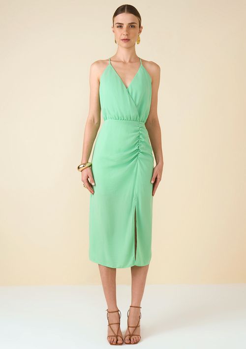 Vestido Maria.Valentina Midi Decote V Com Drapeado Verde