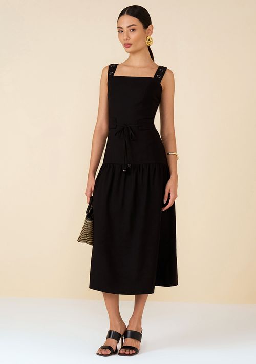 Vestido Maria.Valentina Midi Decote Reto Bordado Preto