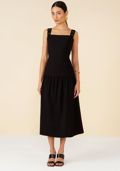 Vestido Maria.Valentina Midi Decote Reto Bordado Preto