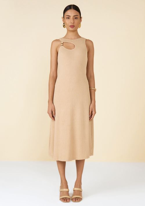 Vestido Maria.Valentina Midi Decote Vasado Com Metal Bege