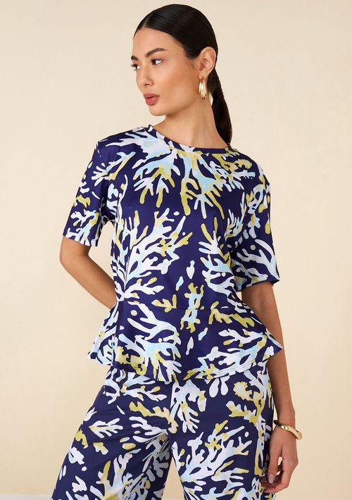 Blusa Maria.Valentina Decote Redondo Manga Curta Com Babado Azul Marinho
