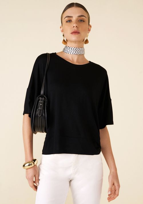 Blusa Maria.Valentina Decote Redondo Manga Curta Detalhe Barra Preto
