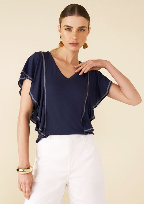 Blusa Maria.Valentina Decote V Cavada Detalhe Pesponto Azul Marinho
