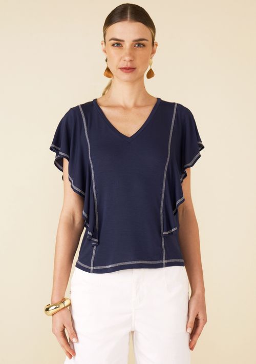 Blusa Maria.Valentina Decote V Cavada Detalhe Pesponto Azul Marinho