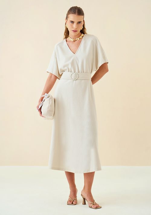 Vestido Maria.Valentina Longo Decote V Com Cinto Cru