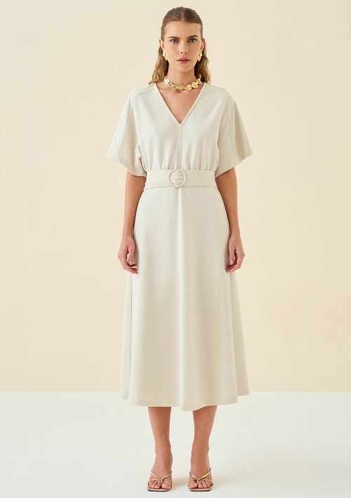 Vestido Maria.Valentina Longo Decote V Com Cinto Cru