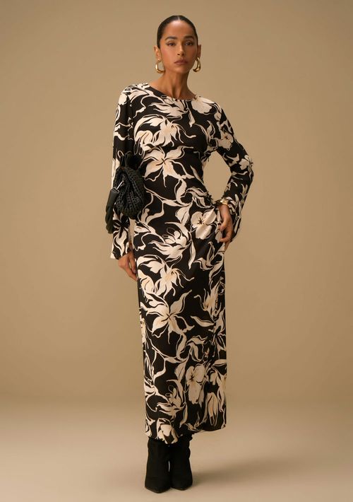 Vestido Maria.Valentina Ajustado Decote Canoa Manga Longa Midi Preto