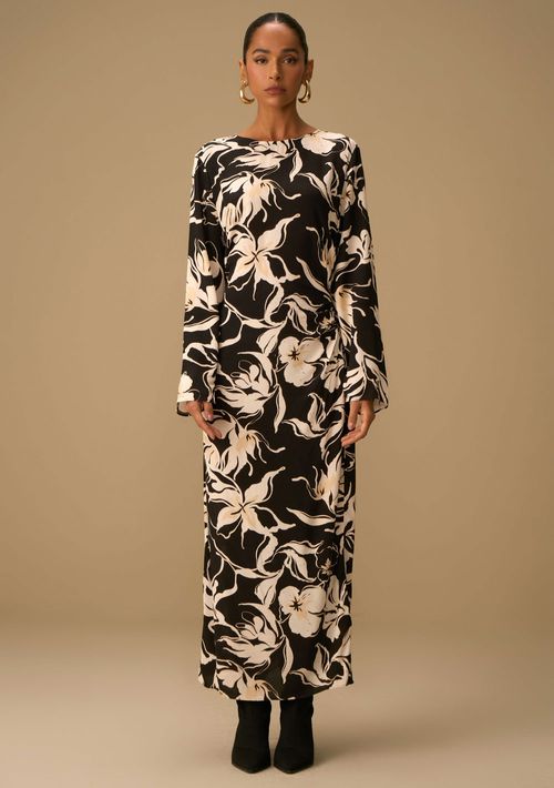 Vestido Maria.Valentina Ajustado Decote Canoa Manga Longa Midi Preto