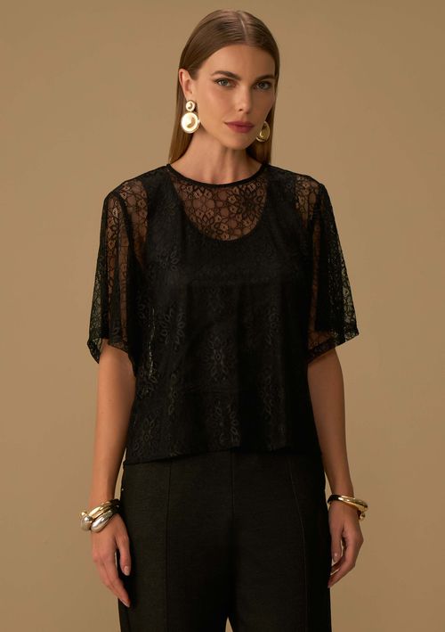 Blusa Maria.Valentina Solta Decote Careca Manga Curta Padrão Preto