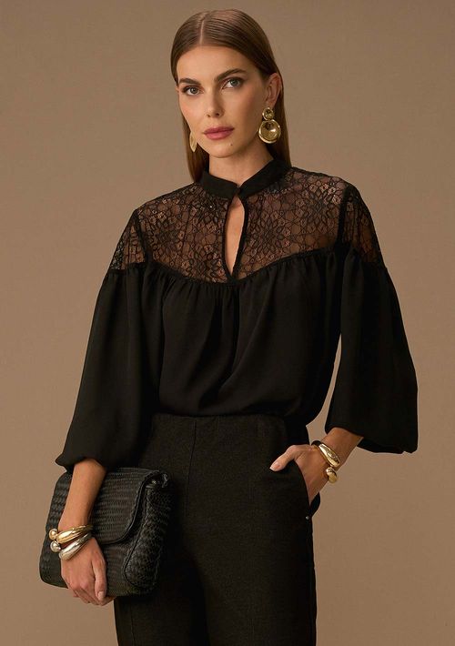 Blusa Maria.Valentina Solta Gola Alta Manga Longa Padrão Preto