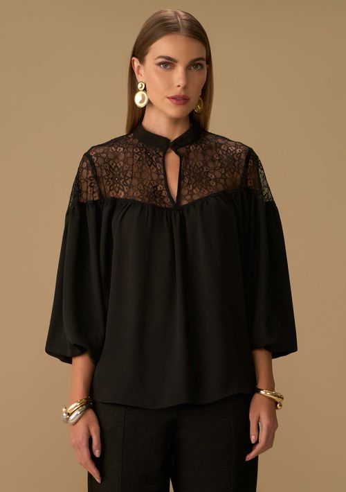 Blusa Maria.Valentina Solta Gola Alta Manga Longa Padrão Preto
