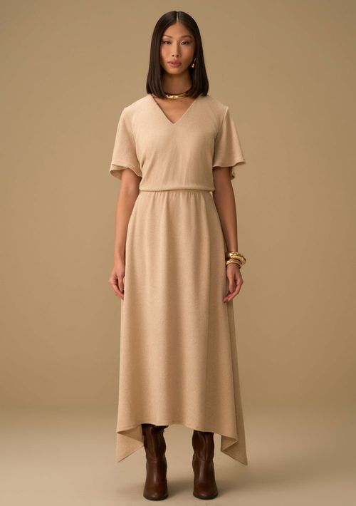 Vestido Maria.Valentina Ajustado Decote V Manga Curta Midi Bege