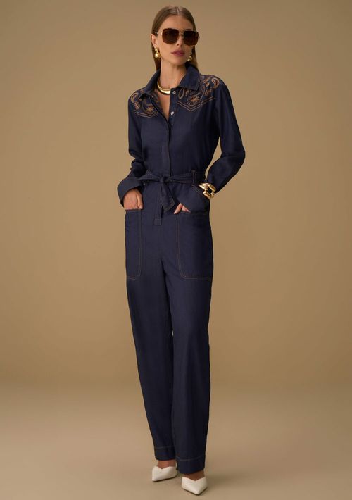 Macacão Maria.Valentina Solto Polo Manga Longa Curto Azul