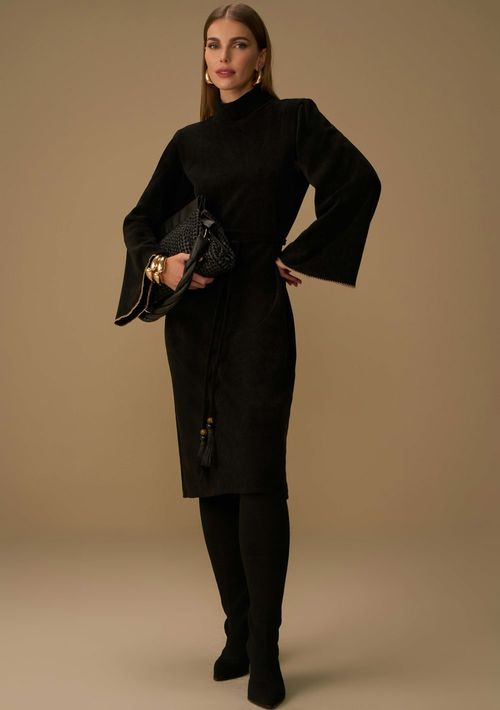 Vestido Maria.Valentina Solto Gola Alta Manga Longa Midi Preto