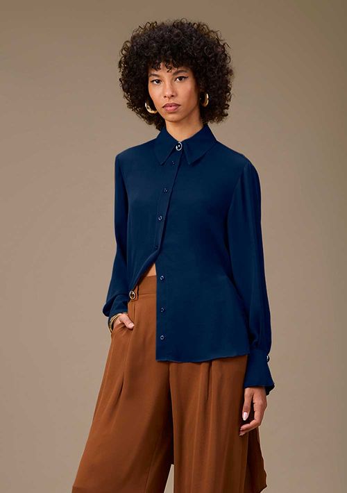 Camisa Maria.Valentina Solta Polo Manga Longa Padrão Azul Escuro