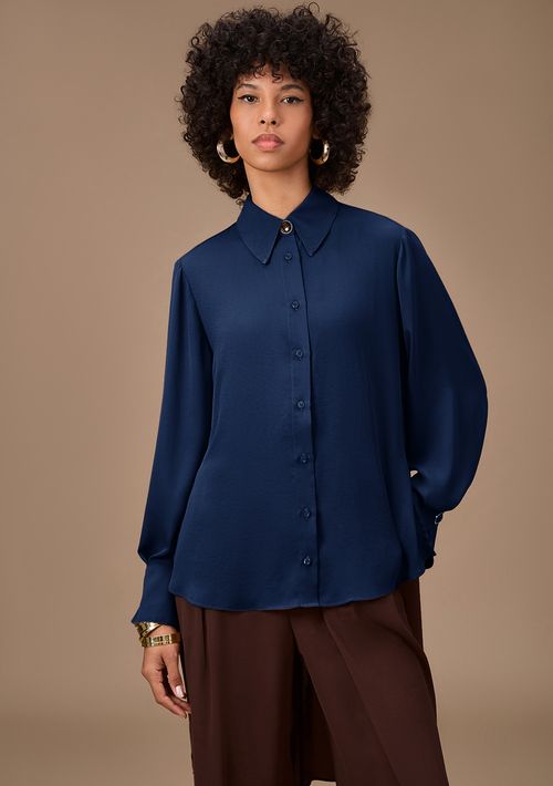 Camisa Maria.Valentina Solta Polo Manga Longa Padrão Azul Escuro