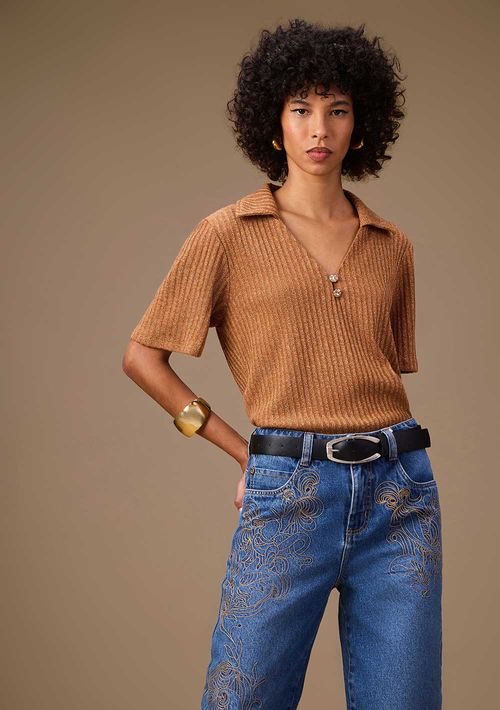 Blusa Maria.Valentina Solta Polo Manga Curta Padrão Marrom