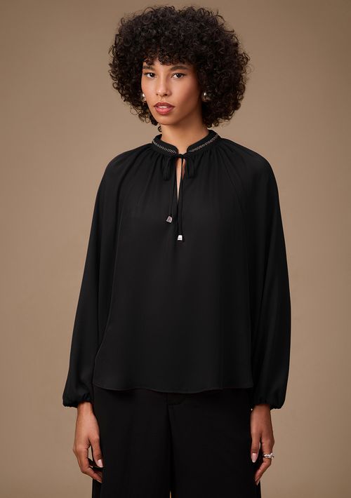 Blusa Maria.Valentina Solta Decote Careca Manga Longa Padrão Preto