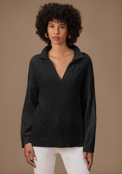 Blusa Maria.Valentina Solta Polo Manga Longa Padrão Preto