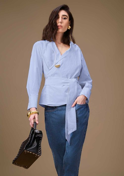 Camisa Maria.Valentina Ajustada Decote V Manga Longa Padrão Off White