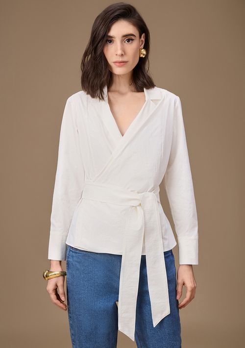 Camisa Maria.Valentina Ajustada Decote V Manga Longa Padrão Off White