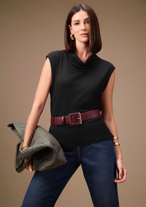 Blusa Maria.Valentina Solta Gola Alta Manga Curta Padrão Preto