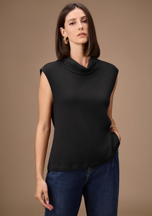 Blusa Maria.Valentina Solta Gola Alta Manga Curta Padrão Preto