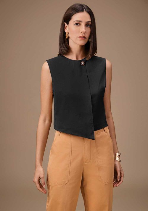 Blusa Maria.Valentina Ajustada Decote Canoa Sem Alça Cropped Preto