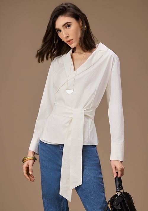 Camisa Maria.Valentina Ajustada Decote V Manga Longa Padrão Off White