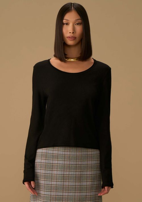 Blusa Maria.Valentina Ajustada Decote Canoa Manga Longa Padrão Preto