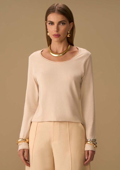Blusa Maria.Valentina Ajustada Decote Canoa Manga Longa Padrão Bege
