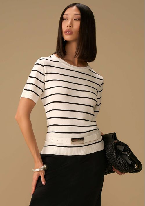 Blusa Maria.Valentina Ajustada Decote Careca Manga Curta Padrão Off White