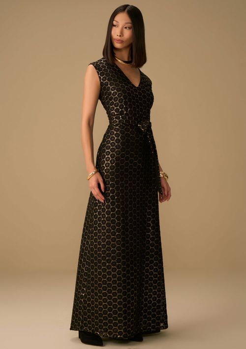 Vestido Maria.Valentina Ajustado Decote V Manga Curta Longo Dourado