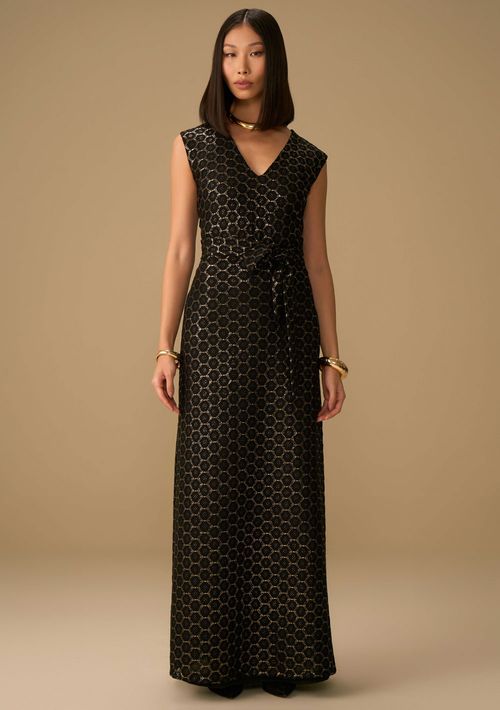 Vestido Maria.Valentina Ajustado Decote V Manga Curta Longo Dourado