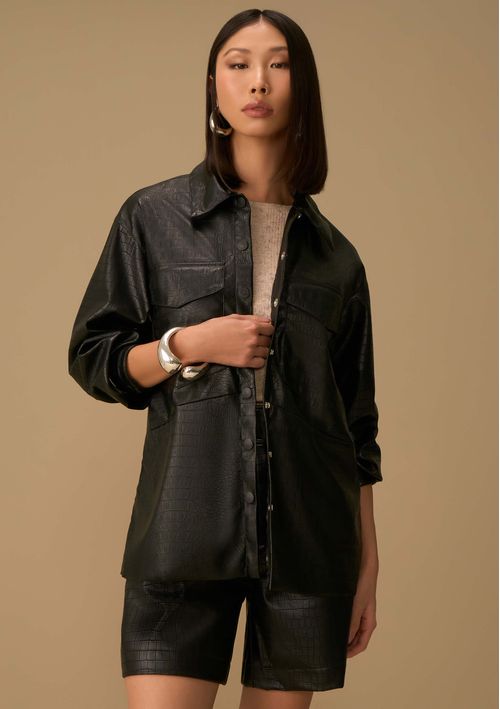 Camisa Maria.Valentina Oversized Gola Clássica Manga Longa Padrão Preto